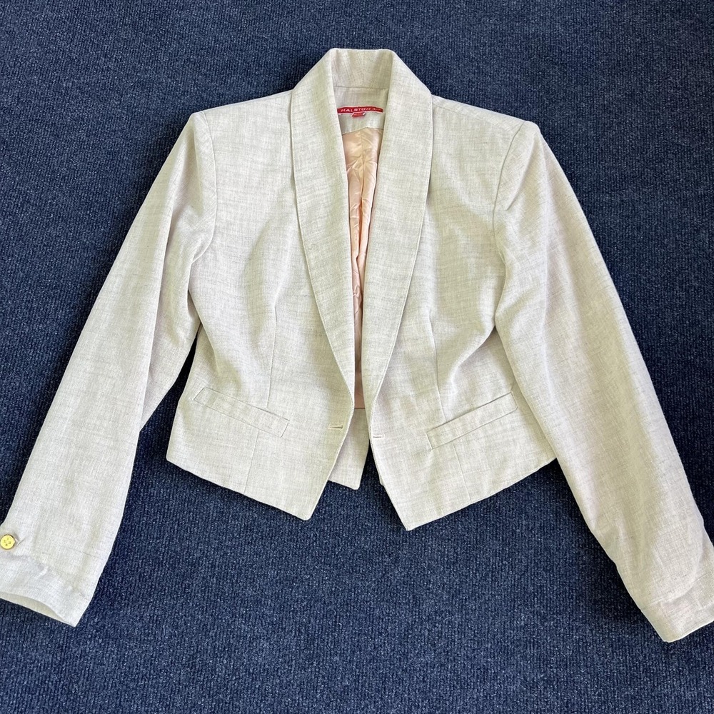 Vintage Halston III Blazer Womens 10P Beige Linen Blend Cropped‎ Made USA 80s